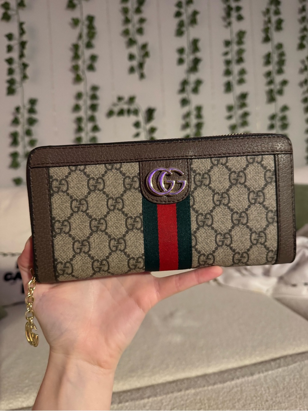 Beige Brown GG Supreme Zip Wallet with Red and Green Stripe